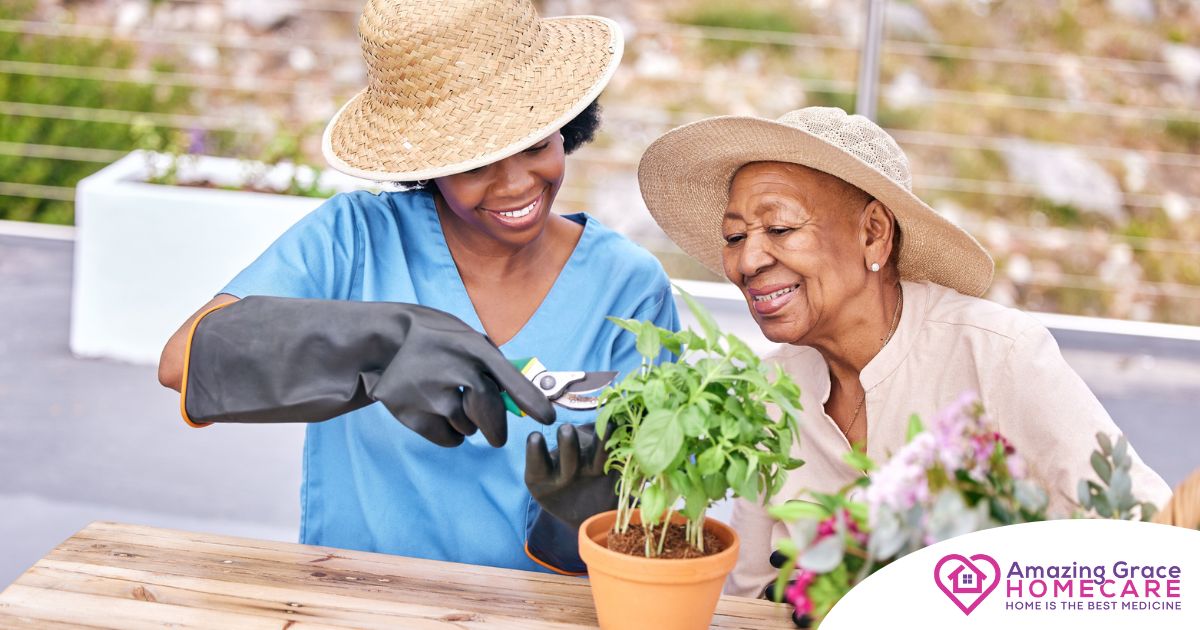 Caregiver and Senior gardening as part of companion care activities.