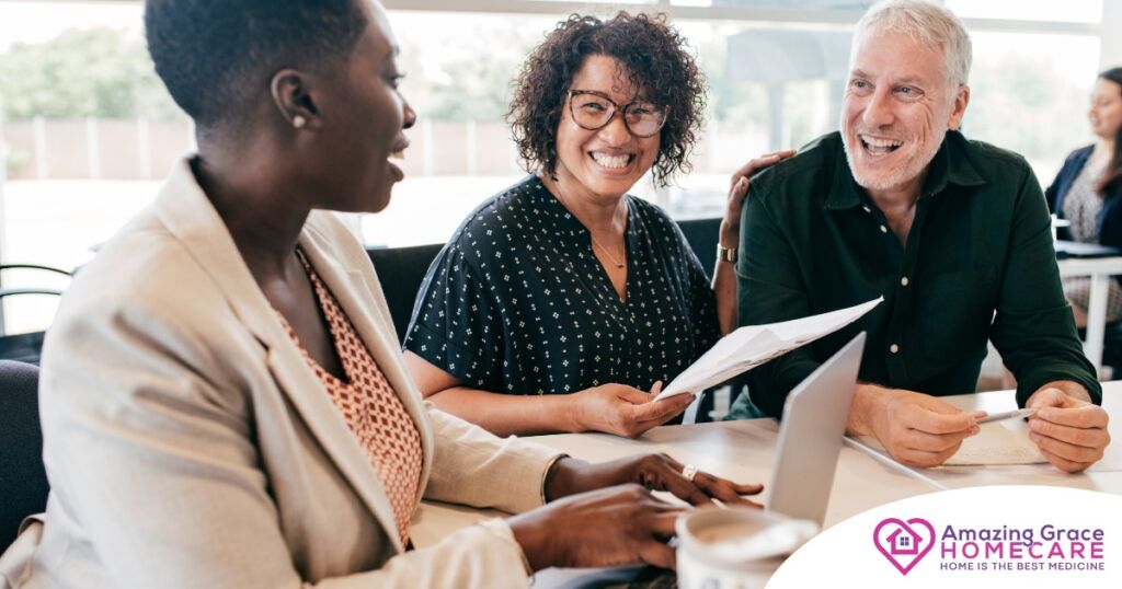 A couple talks with and advisor, representing the type of preparation that is crucial for successful senior care planning.