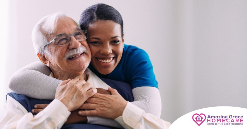 a smiling caregiver and client