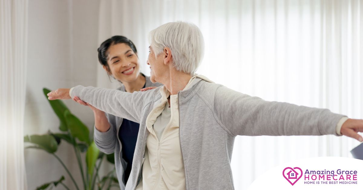 A caregiver and senior practice tai chi as one of many enriching activities for seniors at home.