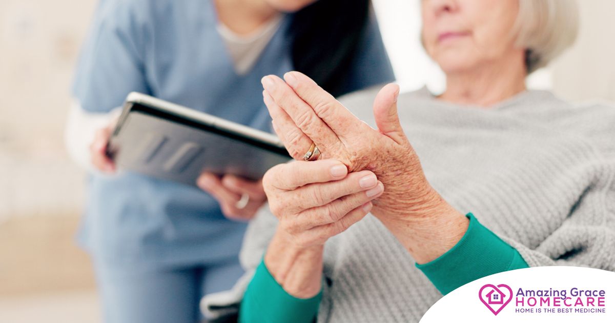 A caregiver provides in home care services to a senior with arthritis