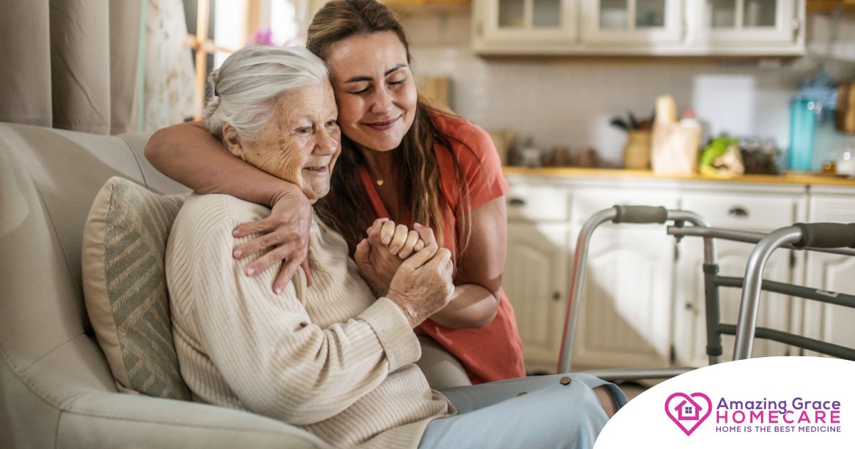 Caregiver supporting an elderly woman in the transition to senior home care