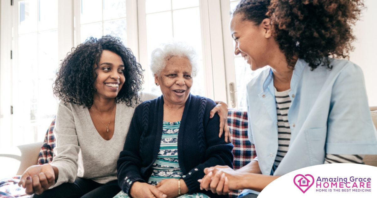 Caregiver talking to a family about Elderly Care