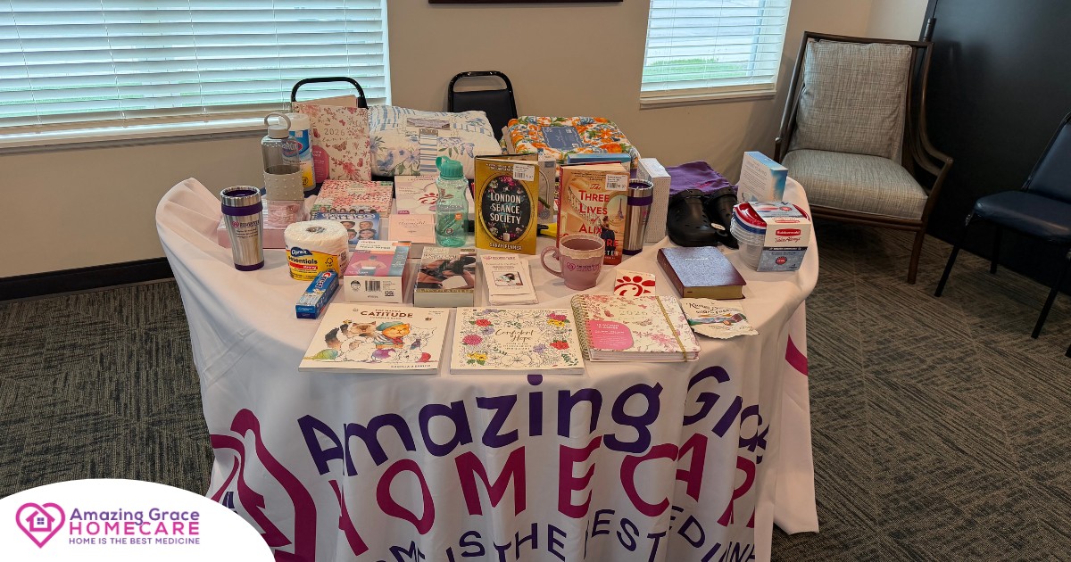 Prize table with books, mugs, and gifts prepared for a nostalgic trivia bingo event at Homestead Village senior living community