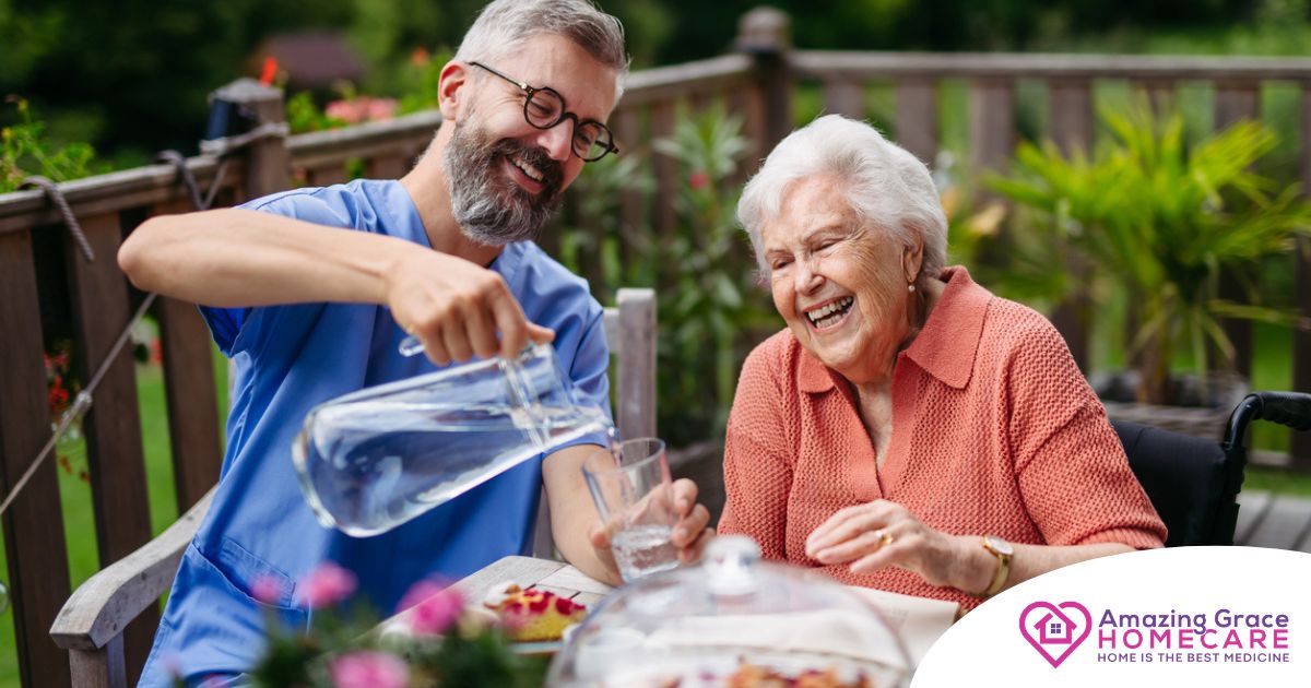 A caregiver applies summer Caregiving Tips including helping a senior stay hydrated.