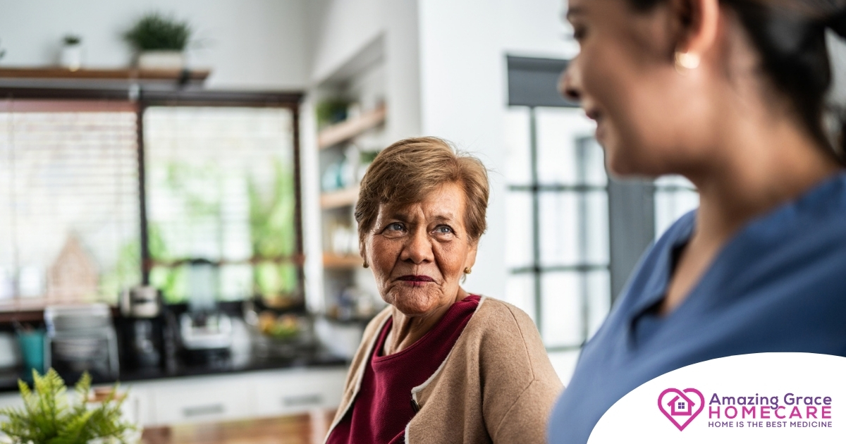 Caregiver provides attentive senior care as part of diabetes awareness