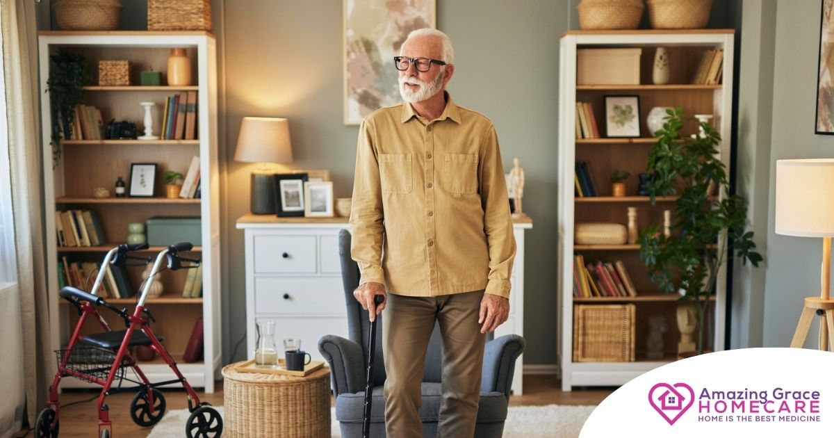 Exploring fall prevention for seniors — an elderly man stands in a safely arranged room.