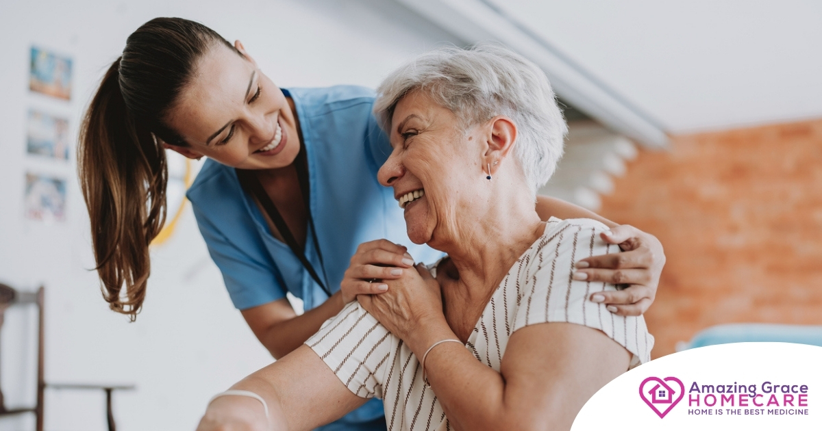 A female caregiver helping an older woman with stroke recovery at home.
