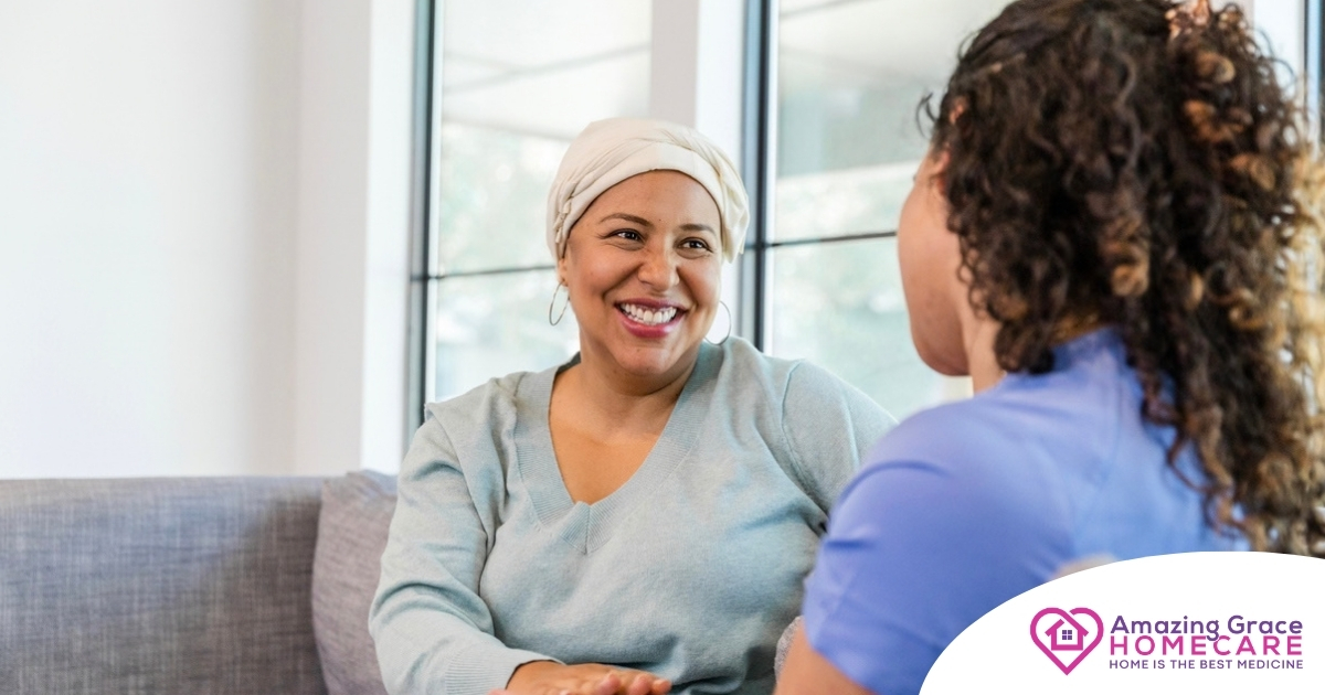 Senior woman benefiting from home care during cancer treatment.